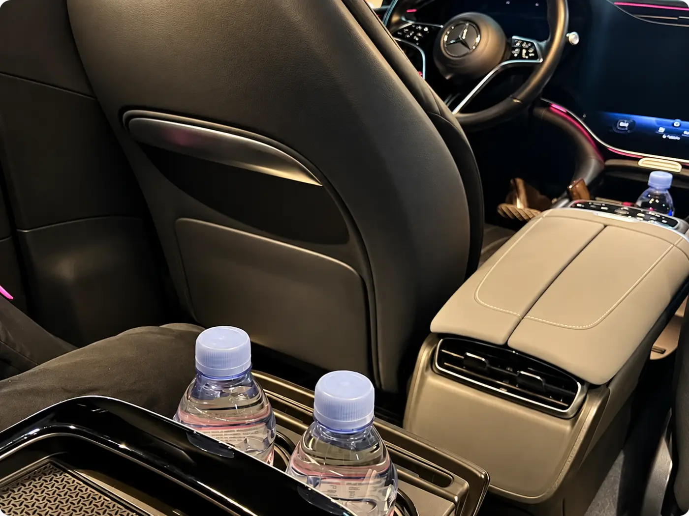 Prepared transfer vehicle interior with bottled water